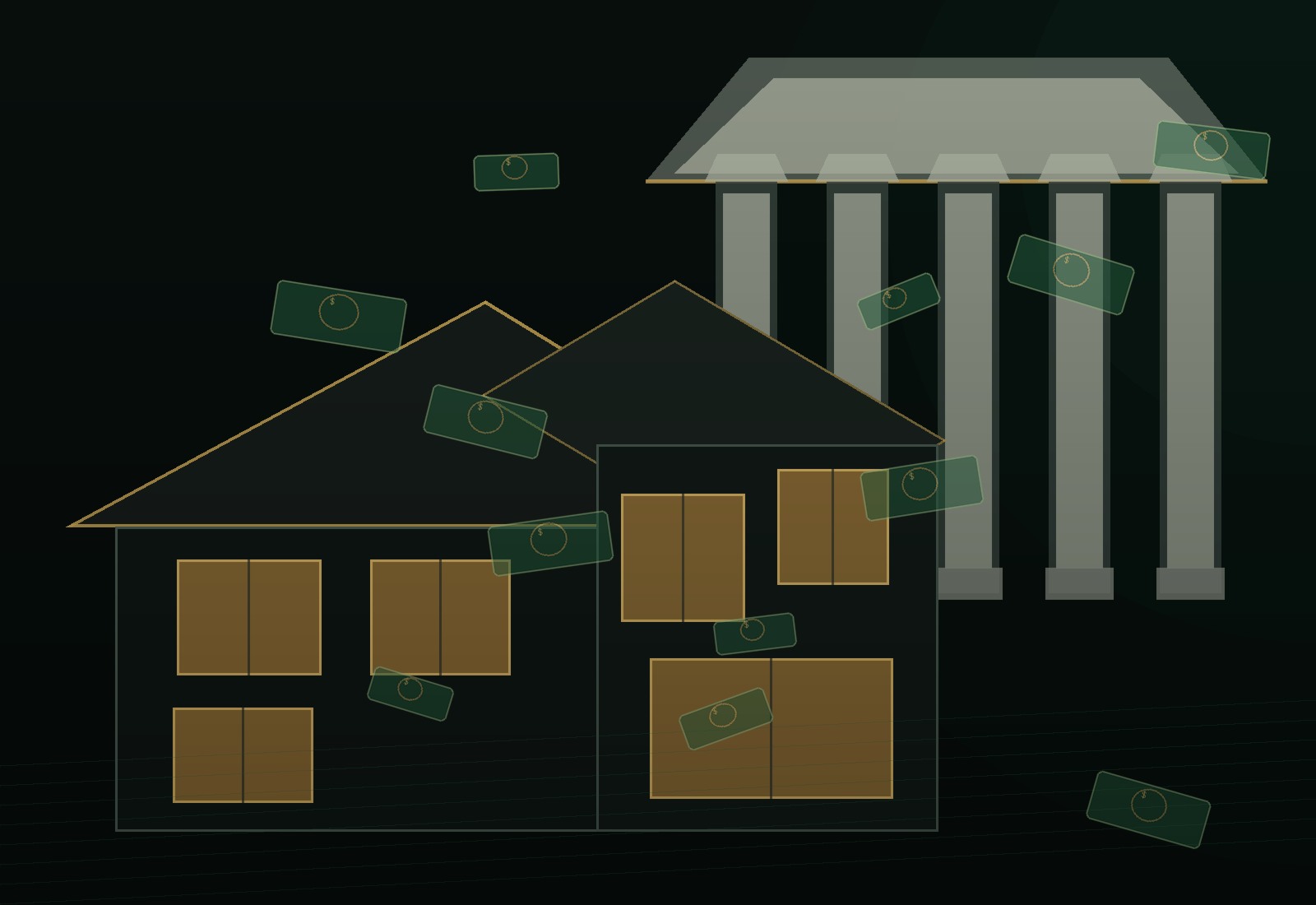Homes, bank columns, and currency representing access to capital
